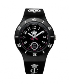 A timepiece you'll love more with every passing minute. The Taylor watch by Juicy Couture is crafted of black synthetic jelly bracelet with white printed logo and round plastic case with white numerals and crown logo at bezel. Black dial features white numerals, minute track, Watch Your Couture at six o'clock, crown logo at center and three luminous hands. Quartz movement. Water resistant to 30 meters. Two-year limited warranty.