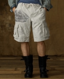 Heavy-duty canvas cargo shorts are faded and frayed for a surplus-inspired, rustic look with a downtown vibe. Heavy-duty canvas cargo shorts are faded and frayed for a surplus-inspired, rustic look with a downtown vibe.