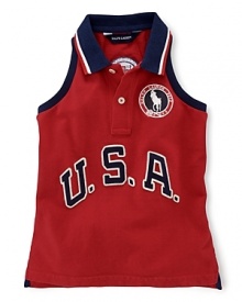 A red, white and blue design finished with U.S.A. patching and embroidered emblems gives a preppy all-American look to the classic sleeveless polo, celebrating Team USA's participation in the 2012 Olympics.Sleeveless racerback silhouette. A red, white and blue design finished with U.S.A. patching and embroidered emblems gives a preppy all-American look to the classic sleeveless polo, celebrating Team USA's participation in the 2012 Olympics.Sleeveless racerback silhouette.