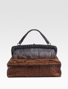 The beauty of Italian craftsmanship is evident in this ombre style with a luxurious woven python base, a threaded center and a patched top.Top handles, 4½ dropHinged, top clasp closureOne inside zip pocketSuede lining15W X 9H X 4DMade in Italy The beauty of Italian craftsmanship is evident in this ombre style with a luxurious woven python base, a threaded center and a patched top.Top handles, 4½ dropHinged, top clasp closureOne inside zip pocketSuede lining15W X 9H X 4DMade in Italy