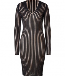 With its optically alluring ribbing and cool stripe-effect, Akris two-tone cashmere-silk dress is an ultra sophisticated choice - V-neckline, long sleeves, camel colored inside rib - Form-fitting - Wear with sleek heels and a carryall tote to work