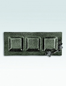 From the Black Orchid Collection. Stunningly crafted of textured, black nickel-plated glass, this three-sectioned server is elegantly accented with a graceful orchid of cast metal in lovely detail.Black nickel-plated glassBlack nickel-plated metal alloyHand-finished17.5L X 7W X 2HHand washImported From the Black Orchid Collection. Stunningly crafted of textured, black nickel-plated glass, this three-sectioned server is elegantly accented with a graceful orchid of cast metal in lovely detail.Black nickel-plated glassBlack nickel-plated metal alloyHand-finished17.5L X 7W X 2HHand washImported