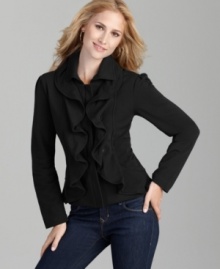 Romantic ruffles dress up this fitted jacket from Style&co. Perfect for taking jeans and tees to the next level of chic! Romantic ruffles dress up this fitted jacket from Style&co. Perfect for taking jeans and tees to the next level of chic!