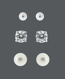 Whether you're going for class, sparkle, or shine, B. Brilliant has got you covered! This three piece earring set features cultured freshwater pearls (4-1/2 mm), round-cut cubic zirconias (1-1/2 ct. t.w.), and polished sterling silver beads (4 mm). All crafted in sterling silver.