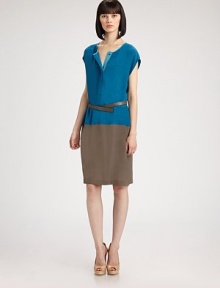 This colorblocked silk shirtdress style is accented with a skinny leather belt.Jewel necklineCap sleevesConcealed button placketIncluded leather beltDrop waistVented hemlineAbout 25 from natural waist68% silk/32% acetateDry cleanImported of Italian fabricModel shown is 5'9 (175cm) wearing US size 4. 