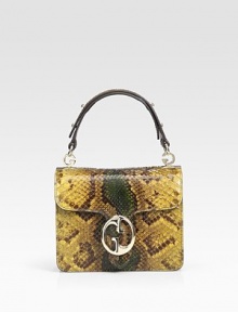 Luxe python skin crafted in a flap-front silhouette with signature G-shaped links.Top handle, 4 drop Flap with double G closure One inside open pocket One inside snap pocket On inside zip pocket with double G zipper pull Removable mirror with engraved script logo and leather case Leather lining 7W X 6H X 2½D Made in Italy Luxe python skin crafted in a flap-front silhouette with signature G-shaped links.Top handle, 4 drop Flap with double G closure One inside open pocket One inside snap pocket On inside zip pocket with double G zipper pull Removable mirror with engraved script logo and leather case Leather lining 7W X 6H X 2½D Made in Italy