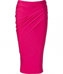 With its shocking pink hue and flattering draped jersey, Donna Karans form-fitting skirt is a radiant luxe way to amp up your outfit - Curved seam with ruching detail, pulls on - Form-fitting - Wear with a silk blouse and pin heels