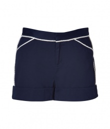 Stylish shorts in fine, pure navy blue washed cotton - Cream rope piping lends the look a touch of on-trend, maritime chic - Wide, cuffed hem and tab closure waist - Flap pockets at rear, diagonal pockets at sides - Medium rise sits comfortably at hips - A feminine, summer-ready take on casual, utilitarian cool - Pair with t-shirts, button downs or tunic tops and leather sandals or wedges