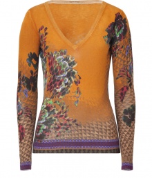 Blossom into new season sophistication in Etros bright curry-multi floral print silk-cashmere pullover - V-neckline, long sleeves, contrast trim, slim fit - Pair with tailored trousers and just as bright accessories