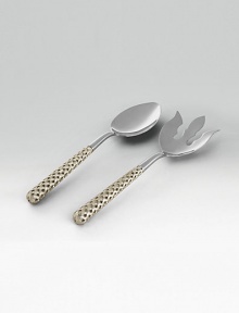 Stainless steel two-piece serving set includes salad fork and spoon both with gold-plated hollow braid patterned handle. Also available in platinum plating. 11½ long Comes in gift box Imported Stainless steel two-piece serving set includes salad fork and spoon both with gold-plated hollow braid patterned handle. Also available in platinum plating. 11½ long Comes in gift box Imported