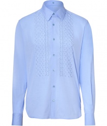 Bring luxe style to your workweek look with this embroidered button down from Ermanno Scervino - Spread collar, front button placket, front embroidered detailing, curved hem, slim fit - Style with trousers, a blazer, and oxfords Bring luxe style to your workweek look with this embroidered button down from Ermanno Scervino - Spread collar, front button placket, front embroidered detailing, curved hem, slim fit - Style with trousers, a blazer, and oxfords