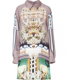 Blossom into sweet sophistication in Mary Katrantzous kaleidoscopic printed shirtdress, a exquisitely feminine way to wear this seasons graphic print trend - Classic collar, long sleeves, buttoned cuffs, buttoned slit at the nape, pleated sheer back, relaxed fit - Pair with extra bright accessories and delicate fine jewelry