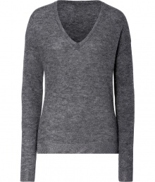 Everyday essential knitwear gets a cool modern redux in Closeds grey heather dropped shoulder pullover - V-neckline, long sleeves, dropped shoulders, tonal metallic trim, modern slim fit - Pair with everything from broken-in skinnies to chic tailored mini-skirts