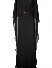 A flowing, diaphanous silhouette informs this ultra-glam silk gown from celeb-favorite designer Elie Saab - Bateau neckline, gathered bodice, flutter sleeves, metallic-detailed waist belt, full maxi-length skirt, dramatic draped sheer cape back - Softly tailored fit - Pair with sky-high platform pumps and a jewel-encrusted clutch A flowing, diaphanous silhouette informs this ultra-glam silk gown from celeb-favorite designer Elie Saab - Bateau neckline, gathered bodice, flutter sleeves, metallic-detailed waist belt, full maxi-length skirt, dramatic draped sheer cape back - Softly tailored fit - Pair with sky-high platform pumps and a jewel-encrusted clutch