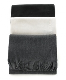 Top off your cold-weather wardrobe with the sleek, versatile style and ultra-soft feel of this solid Hugo Boss fringe scarf, crafted in a smooth blend of virgin wool and Pima cotton. Top off your cold-weather wardrobe with the sleek, versatile style and ultra-soft feel of this solid Hugo Boss fringe scarf, crafted in a smooth blend of virgin wool and Pima cotton.