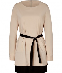 Both classic and cool with its neutral colorblocking, Steffen Schrauts belted tunic is a chic choice packed with wearing possibilities - Round neckline, long sleeves, buttoned cuffs, black trim around the hemline, slit sides, self-tie sash around the waist with black reverse, belt loops, hidden back zip - Loosely fitted - Wear with black flats and a carryall tote to work Both classic and cool with its neutral colorblocking, Steffen Schrauts belted tunic is a chic choice packed with wearing possibilities - Round neckline, long sleeves, buttoned cuffs, black trim around the hemline, slit sides, self-tie sash around the waist with black reverse, belt loops, hidden back zip - Loosely fitted - Wear with black flats and a carryall tote to work