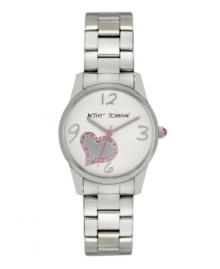 Sweet girls arrive on time! Watch by Betsey Johnson crafted of polished stainless steel bracelet and round case. White dial features applied silver tone numerals at twelve, three, six and nine o'clock, pink crystal-accented heart graphic, silver tone hour and minute hands, signature fuchsia second hand and logo. Quartz movement. Water resistant to 30 meters. Two-year limited warranty.