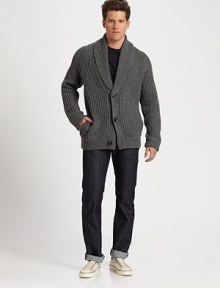 Bold, beefy ribbing in pure wool distinguishes an elegant cardigan that can double as a jacket or even a blazer.Shawl collar Button front Long raglan sleeves with ribbed cuffs Ribbed hem Wool Dry clean Imported