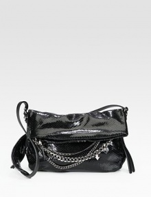 An edgy style in luxurious snake embossed leather with a fold-over design accented with link chains in various sizes.Adjustable shoulder strap, 16½-20 dropFold-over closure One zip pocket on flapOne inside zip pocketFully lined12W X 8H X 2½DMade in Italy An edgy style in luxurious snake embossed leather with a fold-over design accented with link chains in various sizes.Adjustable shoulder strap, 16½-20 dropFold-over closure One zip pocket on flapOne inside zip pocketFully lined12W X 8H X 2½DMade in Italy