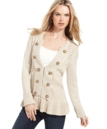 Shape up your look in Debbie Morgan's military-inspired cardigan - decorative buttons and a pretty ruffled peplum add a daring dash of style!