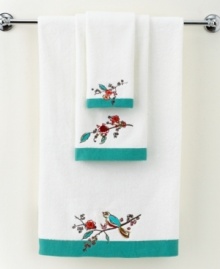 Featuring the blossoming branches and water-colored birds of the whimsical dinnerware pattern, the Chirp embroidered bath towel from Lenox Simply Fine brings the beauty of the outdoors right inside your bath. Featuring pure cotton embellished with embroidery detail and bold teal border. Featuring the blossoming branches and water-colored birds of the whimsical dinnerware pattern, the Chirp embroidered bath towel from Lenox Simply Fine brings the beauty of the outdoors right inside your bath. Featuring pure cotton embellished with embroidery detail and bold teal border.