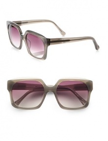 Mod, beveled acetate frames with an engraved logo and silver metal tip on the left temple. Available in shiny winter tortoise with brown monotone lens and shiny milky grey with red gradient lens.UV 400 lens Imported Mod, beveled acetate frames with an engraved logo and silver metal tip on the left temple. Available in shiny winter tortoise with brown monotone lens and shiny milky grey with red gradient lens.UV 400 lens Imported