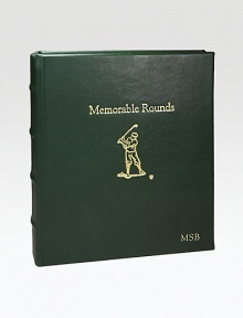 The ideal gift or keepsake for the amateur golfer, designed in fine leather with transparent, archival-quality pages to hold memorable scorecards, course photos and mementos from a day on the greens. 18 pages holds 36 scorecards Leather 5½W X 6¼H Made in USA FOR PERSONALIZATIONSelect a color and quantity, then scroll down and click on PERSONALIZE & ADD TO BAG to choose and preview your monogramming options. Please allow 1 week for delivery.