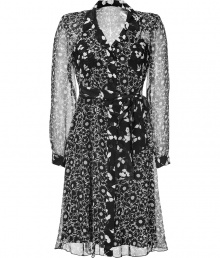 Luxe dress in fine black patterned silk - Beautiful, feminine print with contrasting print details at waist tie, collar and front pockets - Slim silhouette with v-collar and placket - Features long, sheer sleeves, and gentle movement - Fashionable choice for the office,  or an evening event - Pair with peep-toe pumps  and a favorite handbag