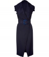 With a modern trench silhouette, this Donna Karan wrap dress will set your style apart - Large spread collar, sleeveless, wrap silhouette, large buckled waist belt, fitted silhouette - Style with a leather jacket and platform heels