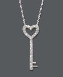 Give her, quite literally, the key to your heart. This exquisite pendant by B. Brilliant features an open-cut heart key decorated with dozens of sparkling cubic zirconias (1/4 ct. t.w.). Setting and chain crafted in sterling silver. Approximate length: 18 inches. Approximate drop: 1 inch. Give her, quite literally, the key to your heart. This exquisite pendant by B. Brilliant features an open-cut heart key decorated with dozens of sparkling cubic zirconias (1/4 ct. t.w.). Setting and chain crafted in sterling silver. Approximate length: 18 inches. Approximate drop: 1 inch.