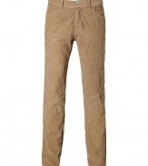 Stylish beige five-pocket corduroy pants from Save Khaki - Look sophisticated while being comfortable in these fashionable pants - Relaxed fit with classic jean styling with button fly - Wear with a cashmere pullover, a tweed blazer, and boots