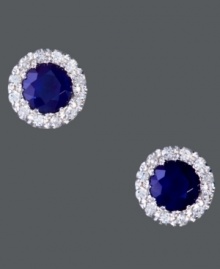 Sweet button studs add a touch of simplicity and sparkle to any look. Effy Collection design set in 14k white gold with round-cut sapphires (7/8 ct. t.w.) encircled by round-cut diamonds (1/8 ct. t.w.). Approximate diameter: 1/4 inch. Sweet button studs add a touch of simplicity and sparkle to any look. Effy Collection design set in 14k white gold with round-cut sapphires (7/8 ct. t.w.) encircled by round-cut diamonds (1/8 ct. t.w.). Approximate diameter: 1/4 inch.