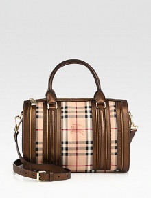 An iconic, haymarket check print on coated canvas accented with metallic leather and soft suede trim.Double leather top handles, 4½ dropDetachable adjustable leather shoulder strap, 19½-22½ dropTop zip closureOne inside zip pocketTwo inside open pocketsCotton lining12½W X 8½H X 6DImported An iconic, haymarket check print on coated canvas accented with metallic leather and soft suede trim.Double leather top handles, 4½ dropDetachable adjustable leather shoulder strap, 19½-22½ dropTop zip closureOne inside zip pocketTwo inside open pocketsCotton lining12½W X 8½H X 6DImported