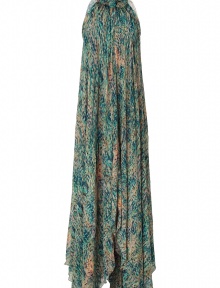 Bring elegant drama with this ultra-luxe printed maxi dress from Saloni - Halter style, high ruffled neck, sleeveless, relaxed silhouette, asymmetrical hem, loose pleating, back keyhole cut out, all-over print - Pair with platform pumps and an embellished clutch Bring elegant drama with this ultra-luxe printed maxi dress from Saloni - Halter style, high ruffled neck, sleeveless, relaxed silhouette, asymmetrical hem, loose pleating, back keyhole cut out, all-over print - Pair with platform pumps and an embellished clutch