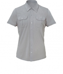 Stylish shirt in fine, pure pale grey cotton - A chic, modern hybrid of the classic polo and the traditional button down in an ultra-soft, summer weight material - Small collar and short sleeves - Full button placket and two flap pockets at chest - Slim, straight cut - Casually cool, perfect for pairing with jeans, chinos and shorts Stylish shirt in fine, pure pale grey cotton - A chic, modern hybrid of the classic polo and the traditional button down in an ultra-soft, summer weight material - Small collar and short sleeves - Full button placket and two flap pockets at chest - Slim, straight cut - Casually cool, perfect for pairing with jeans, chinos and shorts