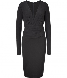A figure-hugging silhouette and draped details make this dress from Donna Karan a stylish standout - V-neck, long sleeves, gathering at bust, wide draped waistline with back crissocross detail - Pencil skirt, fitted silhouette, concealed back zip closure - Pair with platform pumps and a leather clutch A figure-hugging silhouette and draped details make this dress from Donna Karan a stylish standout - V-neck, long sleeves, gathering at bust, wide draped waistline with back crissocross detail - Pencil skirt, fitted silhouette, concealed back zip closure - Pair with platform pumps and a leather clutch