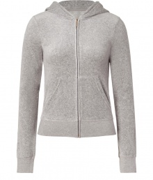 Finish off-duty looks on a sporty note with Juicy Coutures grey heather hoodie - Hooded, front zip closure, long sleeves, split kangaroo pocket, slim fit - Pair with matching pants, favorite jeans, or mini-skirts