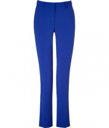 Stylish pants in fine, bright blue wool blend - Truly comfortable, thanks to a touch of stretch - Slim cut flares gently at hem, crease detail accentuates a long, lean silhouette - Tab closure, with zip fly and belt loops - Medium rise, with chic, single white button and contrast white fabric trim at back pocket - Versatile and polished, an indispensable basic -  Style with light cashmere pullovers, silk blouses and draped tops