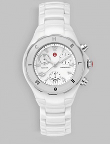 Sleek and chic, with a ceramic case and matching signature enamel dial. Swiss quartz movement K-1 mineral crystal Round enamel chronograph dial Round case, 35mm, 1.38 Number markers Date display Ceramic band Strap is not interchangeable Imported