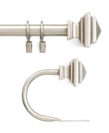A truly contemporary design, the Hudson window holdback pair features a square-cut finial design with a soft nickel finish that lends itself to many modern style decors. Coordinates with the Hudson window hardware collection from Peri. A truly contemporary design, the Hudson window holdback pair features a square-cut finial design with a soft nickel finish that lends itself to many modern style decors. Coordinates with the Hudson window hardware collection from Peri.