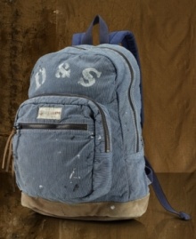 Essential for everyday use, a rugged backpack with a ticked stripe pattern is crafted from gently worn cotton and accented with a faded logo for a weathered surplus look. Essential for everyday use, a rugged backpack with a ticked stripe pattern is crafted from gently worn cotton and accented with a faded logo for a weathered surplus look.