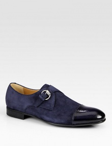 Navy suede and navy python with silver hardware.Monkstrap with buckle closureRubber soleMade in Italy