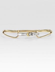 A sleek, metal, snake chain design with a leather center closure. Width, about ½Made in Italy A sleek, metal, snake chain design with a leather center closure. Width, about ½Made in Italy