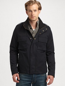 Inspired by military-style, this zip-up jacket exudes casual cool, shaped in rich cotton that offers a rugged yet refined appeal to a heritage look.Zip frontSnap button placketShoulder epaulettesChest flap, waist slash pocketsAbout 25 from shoulder to hemCottonMachine washImported Inspired by military-style, this zip-up jacket exudes casual cool, shaped in rich cotton that offers a rugged yet refined appeal to a heritage look.Zip frontSnap button placketShoulder epaulettesChest flap, waist slash pocketsAbout 25 from shoulder to hemCottonMachine washImported