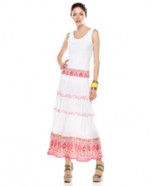 Pattern play at its best: Style&co.'s tiered maxi skirt intersperses an exotic print with panels of crisp white! Pattern play at its best: Style&co.'s tiered maxi skirt intersperses an exotic print with panels of crisp white!