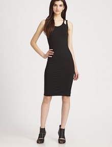 A contemporary take on the sportswear trend, this fitted racerback dress finishes the look with cutout straps and an ultra-fitted silhouette. ScoopneckCutout strapsRacerbackAbout 25 from natural waist61% polyester/32% rayon/7% spandexDry cleanMade in USAModel shown is 5'10 (177cm) wearing US size Small.OUR FIT MODEL RECOMMENDS ordering true size. 