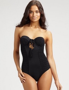 Impeccably designed to turn heads, a swim style that offers an elegant look and stretch comfort.Bandeau topTassle self-tieRemovable strapsKeyhole frontBack clasp closure84% nylon/16% spandexFully linedHand washImported Impeccably designed to turn heads, a swim style that offers an elegant look and stretch comfort.Bandeau topTassle self-tieRemovable strapsKeyhole frontBack clasp closure84% nylon/16% spandexFully linedHand washImported