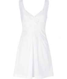 Stylish dress in fine, pure white cotton - Fitted bodice with medium-width straps - V-neck and asymmetric, two-button placket at front and back - Medium-width straps - Slim, A-line silhouette tapers at waist - Skirt bells at hem, hits above the knee - Sweet and sophisticated, easily dressed up or down - Pair with peep toe pumps, flat leather sandals or colorful wedges