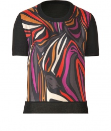 Double your style quotient with this printed silk and wool top from Salvatore Ferragamo - Round neck, knit short sleeves, hem, and back, printed silk front, slim fit - Style with skinny jeans, slim trousers, or a pencil skirt