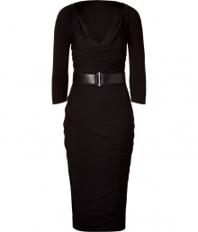 Luxurious dress in fine black rayon stretch - A mega elegant LBD - Stunning, figure-hugging sheath cut, with feminine waterfall neck d?collet? and long, slim sleeves - Waist accentuated, wide belt - Glam draping - The skirt has a typical pencil cut, tight and knee-length - Sophisticated and sexy, stylish and elegant, a dream dress for exciting evening events - Pair with booties, pumps, gladiator sandals Luxurious dress in fine black rayon stretch - A mega elegant LBD - Stunning, figure-hugging sheath cut, with feminine waterfall neck d?collet? and long, slim sleeves - Waist accentuated, wide belt - Glam draping - The skirt has a typical pencil cut, tight and knee-length - Sophisticated and sexy, stylish and elegant, a dream dress for exciting evening events - Pair with booties, pumps, gladiator sandals